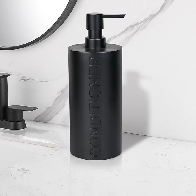 Matte Black Conditioner Dispenser Luxurious Refillable Pump Bottle with Black Resin Pump and Embossed Text, Durable Design for Bathroom and Shower