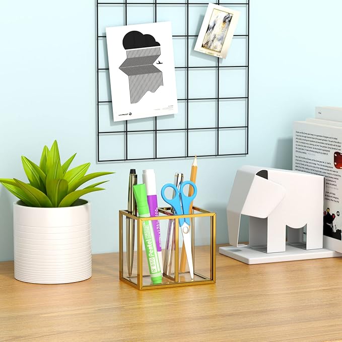 NIUBEE Gold Acrylic Pen Holder for Desk, Clear Pencil Cup Organizer Makeup Brush Holder, Acrylic Desk Organizers and Accessories for Desktop Office - 2 Compartments