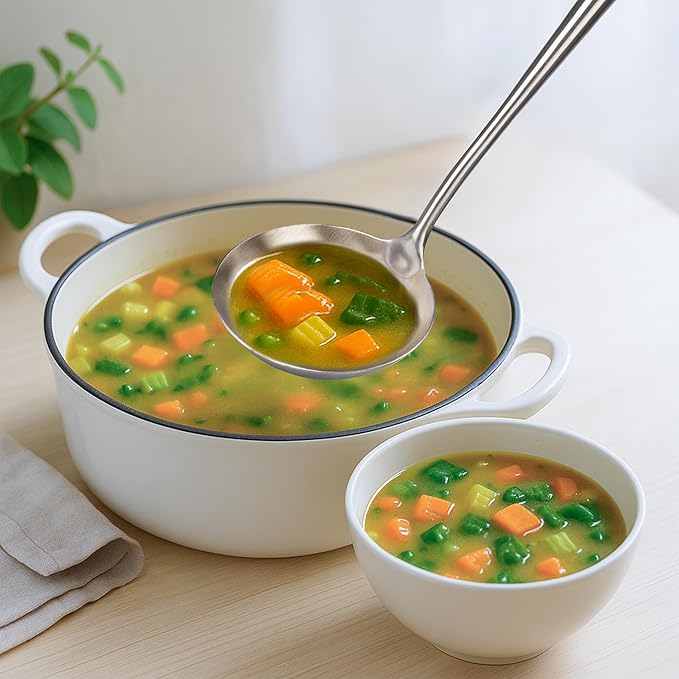 FJNATINH Soup Ladle, Metal Ladle Stainless Steel for Soup Sauces, Kitchen Ladle Spoon with Heat-proof Wooden Handle, Easy to Clean