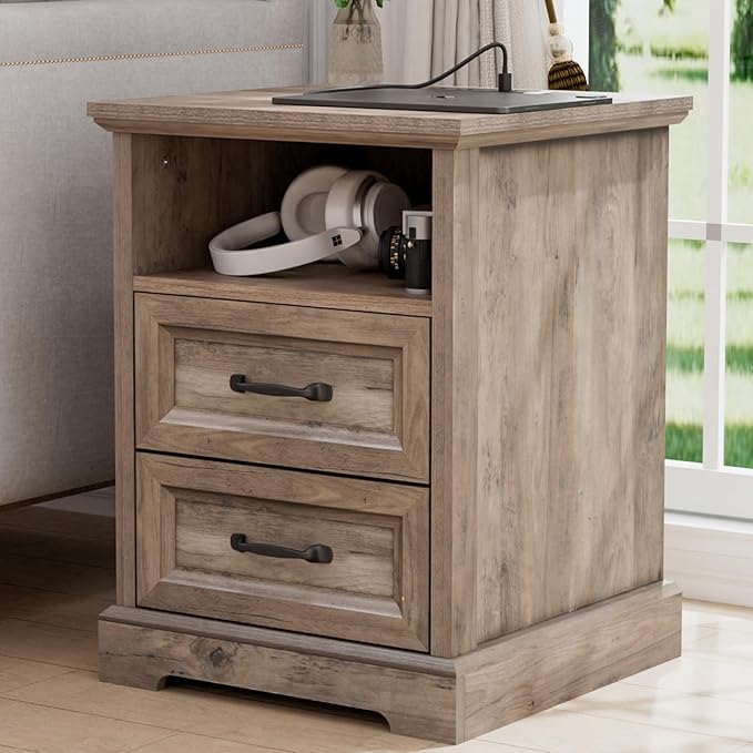 HOMMPA 18'' Farmhouse Nightstand with Charging Station, Bedside Tables with Storage, Bed Side End Table with Open Shelf, 2 Drawers Wood Night Stand Dresser for Bedroom, Living Room, Greige