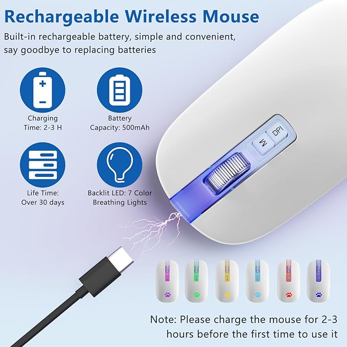 KARFUN Wireless Mouse, Backlit LED Portable Slim Laptop, PC, MacBook, iPad, Chromebook, Notebook 2.4G Rechargeable Wireless Mouse (Ivory White)