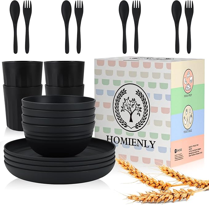 Homienly Wheat Straw Dinnerware Sets, Homienly 20pcs Unbreakable Microwave Dishwasher Safe Tableware Lightweight Bowls, Cups, Plates Set Reusable Dinner Plates Bowls set (Matte Black)