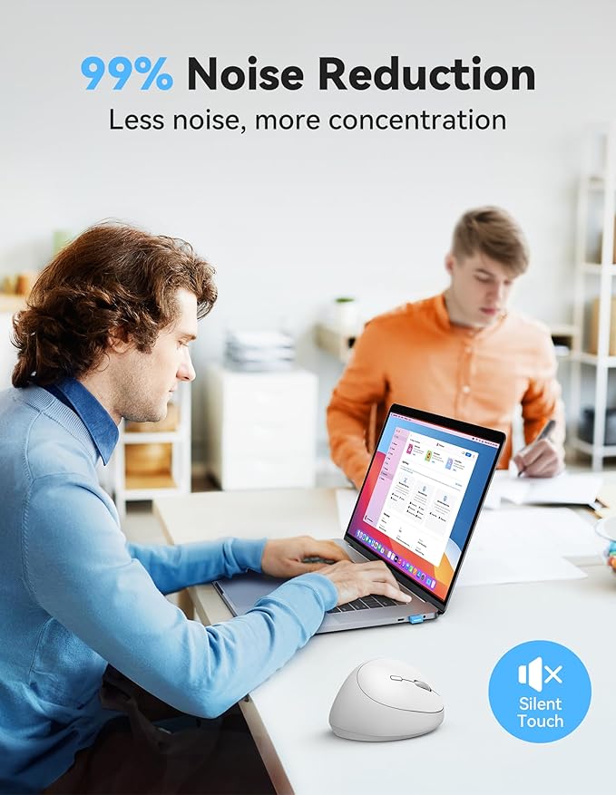 TECKNET Wireless Mouse, 5 Adjustable DPI Levels, 6 Buttons, 4800 DPI Wireless Vertical Mouse, 2.4G Silent Wireless Mouse for Laptop, PC, Chromebook, Mac - Light White