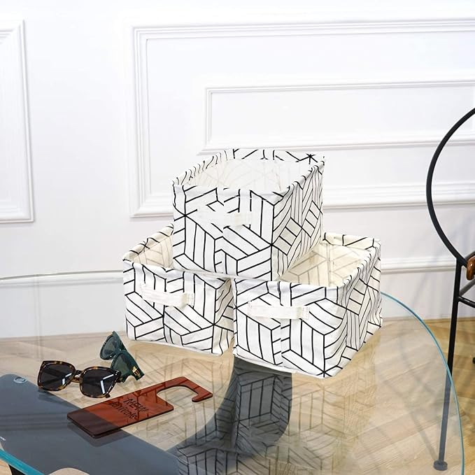 CROWNED 6 Pcs Storage Basket Foldable Cube Fabric Bins Square Mini Box Receive Organizer Rectangle Canvas with Handles for Home Office Books Small 11x8x6.3 inch White