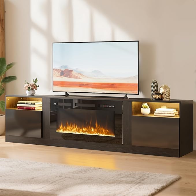 70" TV Stand with 36" Electric Fireplace, Large Modern Media Entertainment Center with Storage Cabinet and 12 Colors LED Lights for TVs Up to 80"