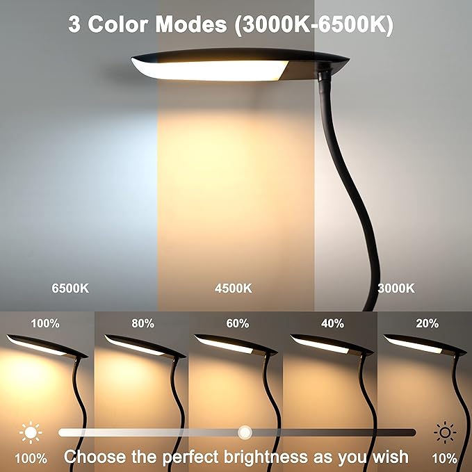 Clip on Lamp USB Reading Light 3 Color Modes 3000-6000K and 10 Brightness 8W 40 LED Flexible Gooseneck Desk Light Clip on Lamp for Desk Eye Caring Bed Lamp for Headboard (No Plug)