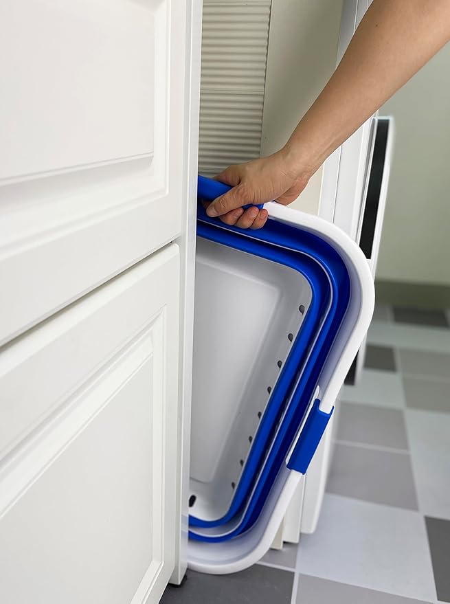 SAMMART 42L (11 gallons) Set of 2 Plastic Foldable Storage Basket/Container - Collapsible, Space Saving and Portable Laundry Hamper, Ideal for Home, Travel, Dorm (2, White/Dark Blue)