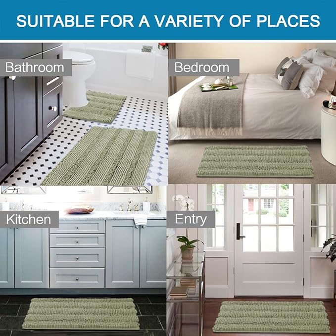 H.VERSAILTEX Bathroom Rug Sets 2 Piece Bath Mats Non Slip Thick Soft Chenille Striped Bath Rug achine Washable Shower Floor Rugs for Tub, Shower and Floor (Eucalyptus Green, 47"x17" Plus 20"x20" U)