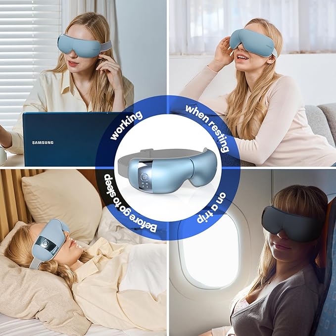 HubiCare Eye Massager with Heat, Vibration, and Music Helps Relieve Strain, Dark Circles, Dryness, and for Migraine Relief Relaxation and Better Sleep Gifts for Women/Men (Ice Blue)