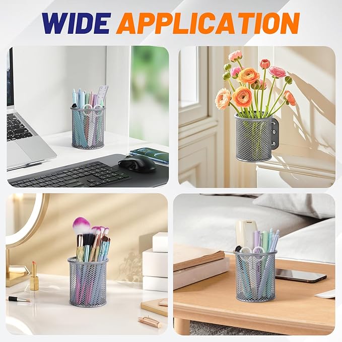 Segarty Pen Holder for Desk, 3 Pack Round Silver Pen Holder, Wire Mesh Pencil Cup Holder Containers Set, Desktop Organizer for Office Supplies, School Classroom, Home, Makeup Brush