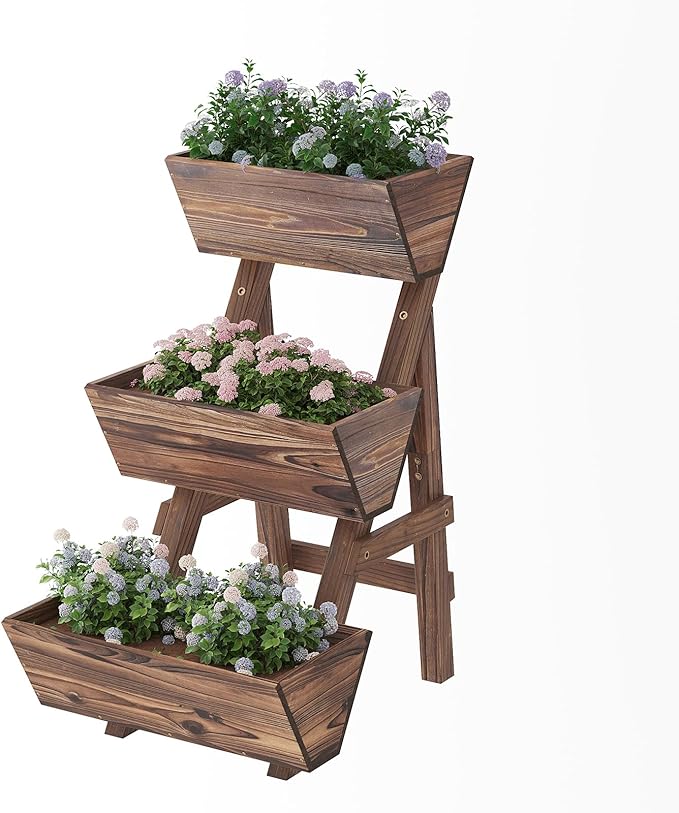 3-Tier Wooden Vertical Raised Garden Bed with Legs, Tiered Planter Box, Vertical Garden Planter,Wood Plant Stand Wood Flower Rack for Patio, Balcony, Freestanding. (Carbonized-Small)