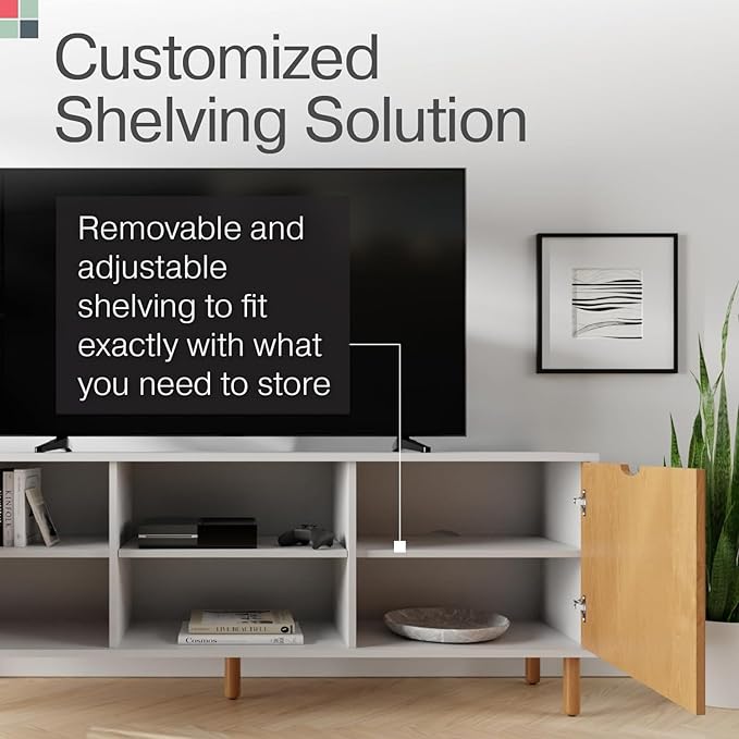 Fluted TV Stand - Media Console & Console Table with Cord Management - Soft-Close Doors & Adjustable Shelves Storage Cabinet - Living Room Entertainment Center - 70-Inch White & Oak