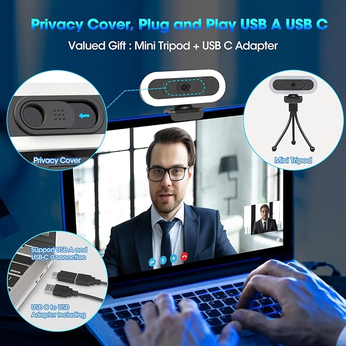 ToLuLu Streaming Webcam 2K 50FPS Web Cam, LED RGB Webcam with Microphone and Light, Autofocus Computer Camera with Cover and Tripod, Plug-Play USB Web cam for PC Desktop/MacBook Gaming Video Calling