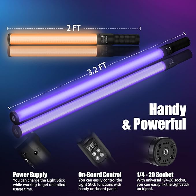 Mettlelite LS800C RGB LED Light Stick Full Color Continuous Output Video Light 3.2 ft with APP Control 2800K-8000K CRI96 TLCI 97 RGB CCT HSI Light Effects Built in Rechargeable Battery