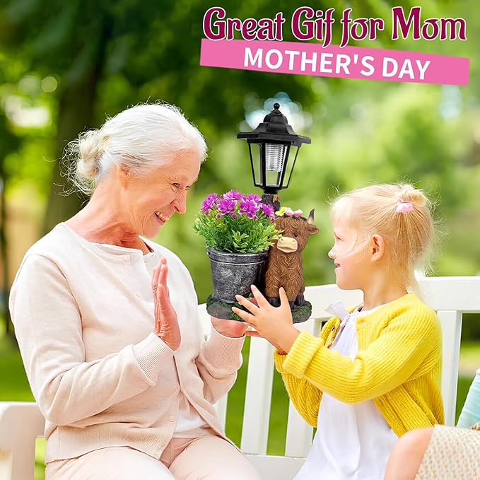 Solar Highland Cow Outdoor Statues, Garden Sculptures with Flowerpot Decor & Solar Lantern for Yard Art Lawn Ornaments Porch Patio Balcony - Birthday Gifts for Women Mom