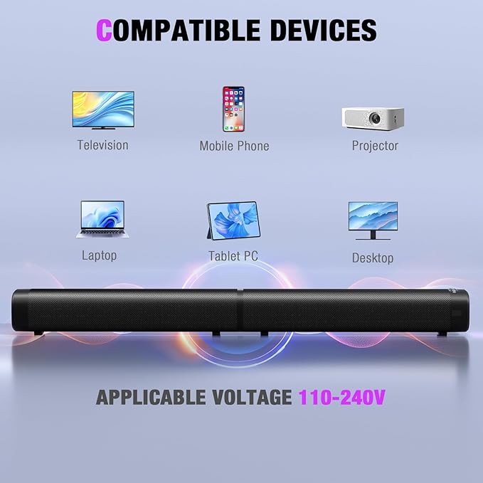 Sound Bar,100W Sound Bar for Smart TV with 3 RGB Lights Modes, Bluetooth 5.3, ARC/Opt/AUX Connect, Detachable 2-in-1 Speaker, 3 Equalizer Modes, Bass Surround Soundbar for TV/PC/Gaming/Projectors