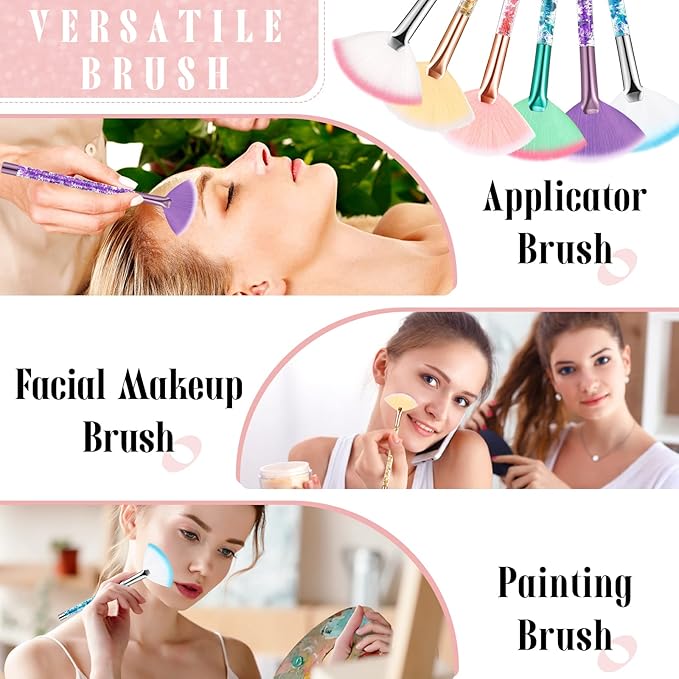12 Pcs Fan Brushes for Facial Mask, Peel Applicator - Soft Cosmetic Facial Fan Brush with Glitter Quicksand Handle - Face Mask Tools with Pouch (Colorful)