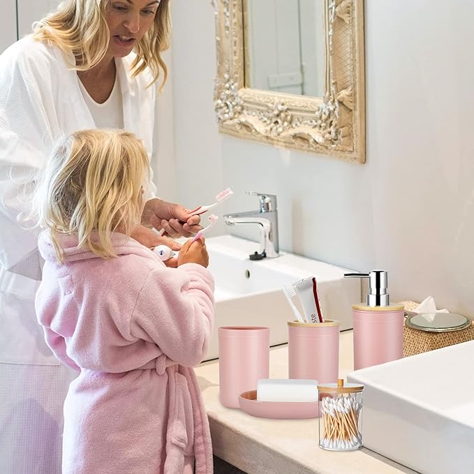 iMucci 9Pcs Pink Bathroom Accessories Set - with Trash Can,Toilet Brush,Toothbrush Holder, Lotion Soap Dispenser, Soap Dish,Toothbrush Cup,Qtip Holder,Tray