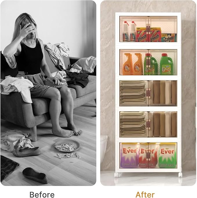 Extra Large Stackable Storage Bins with Lids & Wheels & Door, 312QT-52QT/13GAL*6Pack Foldable Collapsible Closet Organizers, Plastic containers Drawers for Bedroom Dorm