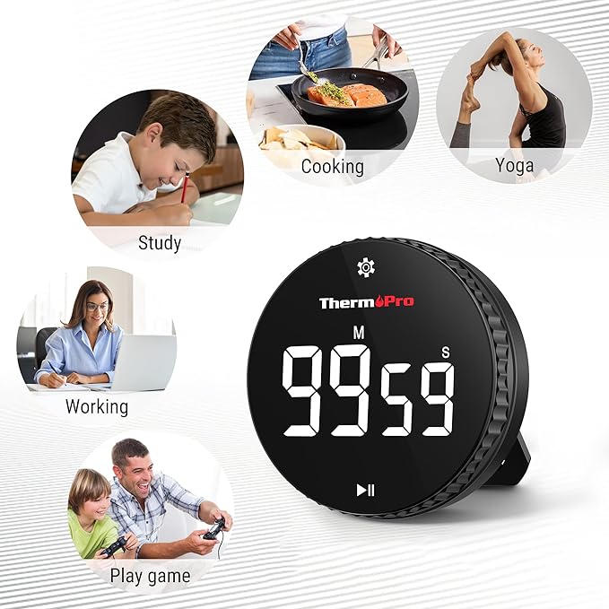 ThermoPro 99-Hour Digital Kitchen Timer with Strong Magnetic & Stable Stand, Classroom Timers with 3-Volume-Level, Stopwatch with Large LED Display, Digital Timers for Classroom, Office & Gym(Black)