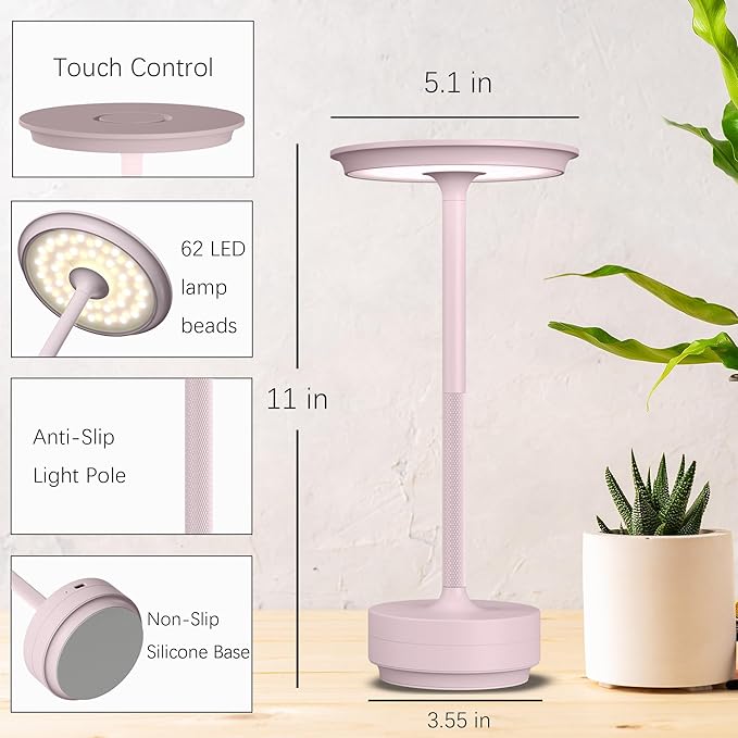2 Pack Rechargeable Cordless Table Lamps, Portable 5000mAh LED Table Light, 3 Color Stepless Dimming Battery Powered Metal Table Lamp for Outdoo/Restaurant/Home/Patio.(Light Pink)