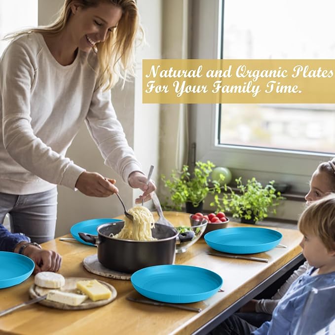 Wheat Straw Plates 10 Inch - Unbreakable Dinner Plate Set of 8 - Dishwasher & Microwave Safe Plastic Plates Reusable - Lightweight Deep Plate for Kitchen,Outdoor,Dorm (Blue)