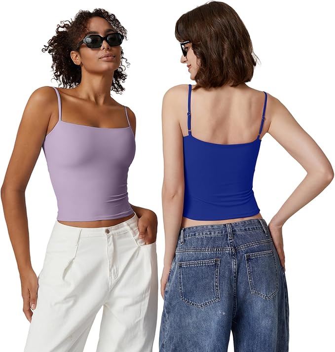 QINSEN Women's Double Lined Basic Tank Top Adjustable Spaghetti Straps Sleeveless Camisole Shirts