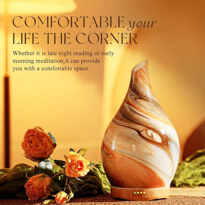 Porseme 280ml Glass Essential Oil Diffuser Aromatherapy Ultrasonic Cool Mist Humidifier 7 Running Hours Waterless Auto-Off Air Diffusers for Sleeping, Yoga, Office Working, Spa and Rest (Deep Desert)