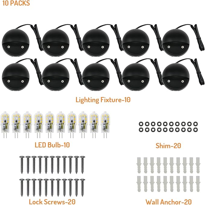 2W LED Deck Lighting Low Voltage Deck Lights Landscape Lighting Landscape Lights Outdoor Replaceable G4 LED Bulb 3000K Aluminum housing for Step,Pathway,Walkway,Yard Black, Pack of 10