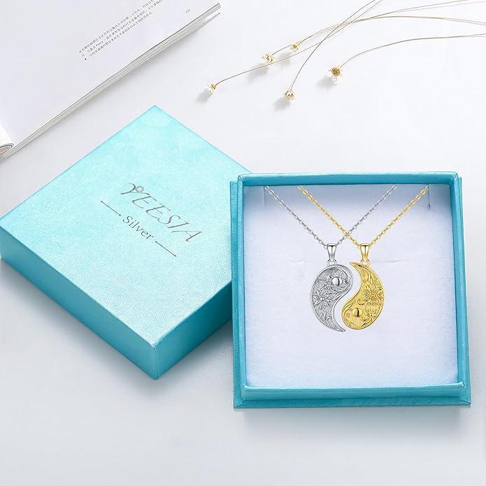 Yin Yang Necklaces 925 Sterling Silver Friendship Sun Moon/Mountain/Dolphin/Tree of Life/Flower/Wings Pendant Necklace Moonstone Abalone Opal Jewelry for Women Men Couples