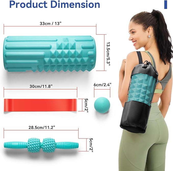 5 in 1 Foam Roller Set - Back Roller Foam, Massage Roller Stick, Massage Ball, Resistance Band for Physical Therapy & Deep Tissue Muscle Massage (Green)