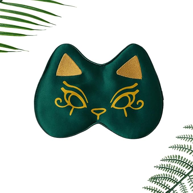 Silk Sleep Mask Blindfold Eye Mask for Sleep Cute Cat Print Embroidered Eye Cover Adjustable Oversized Egyptian Bastet with Gift Box&Pouch(Osiris Green-Adjustable Strap)