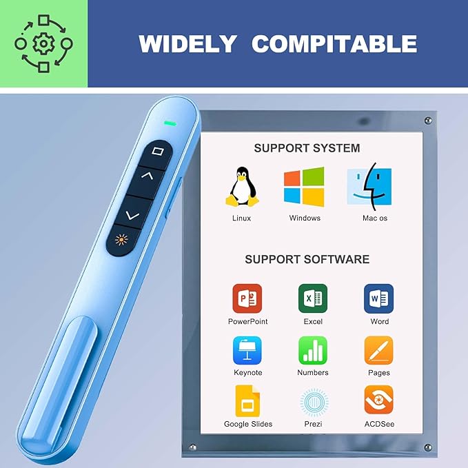QUI Presentation Clicker for PowerPoint, RF 2.4GHz USB Wireless Presenter Remote with Volume Control, PowerPoint Clicker Slide Advancer for Mac, Windows, Laptop, Keynote