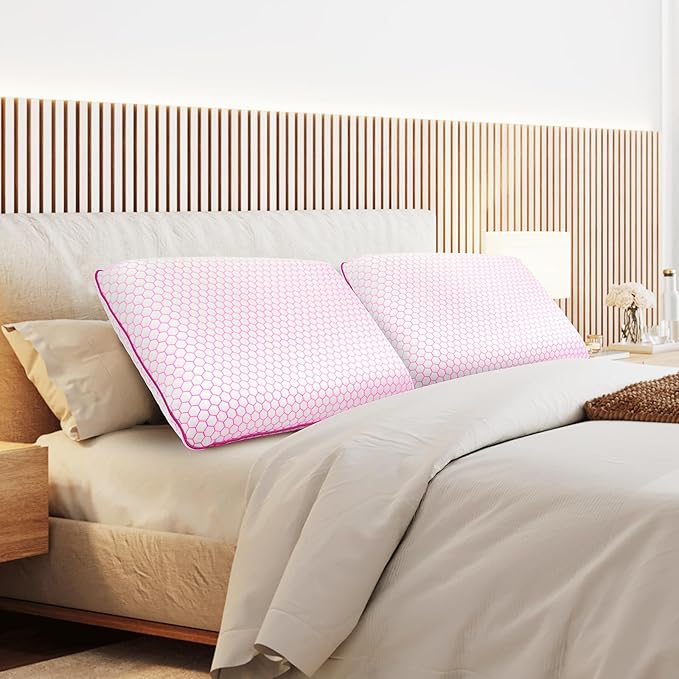 Memory Foam Pillows for Side, Back and Stomach Sleepers, Set of 2, Bed Pillow with Washable Cover and Breathable Mesh, Bed Pillow for Sleeping (Pink,Queen Size)