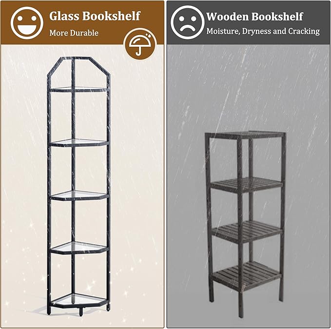 5-Tier Corner Shelf Stand, Black Corner Bookshelf, Bathroom Storage Rack Shelf, Plant Rack, Tempered Glass, Steel Frame, Modern Style for Living Room, Bathroom, Kitchen, Metallic Black