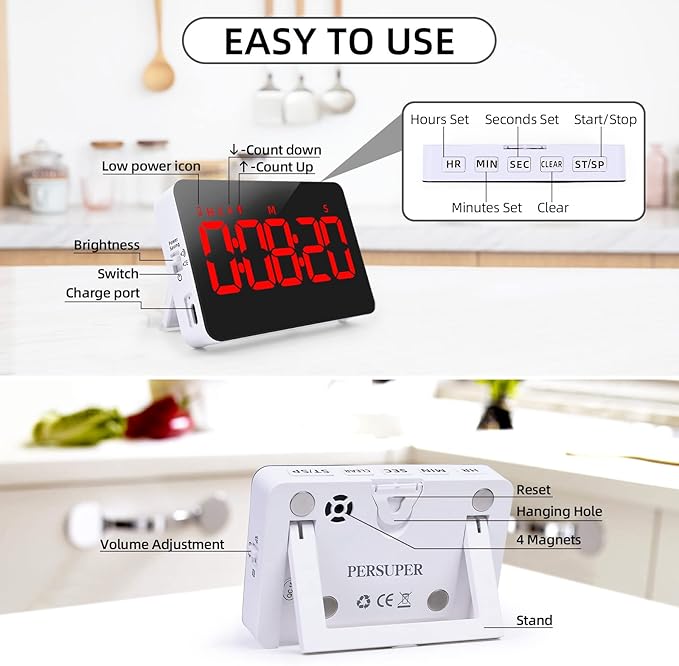 Digital Timer Kitchen Timer Count Down Up Rechargeable Kitchen Gadgets Vibration Mode Adjustable Volume and Brightness LED Display Time Management for Cook, Desk, Kids Adults Study Teaching