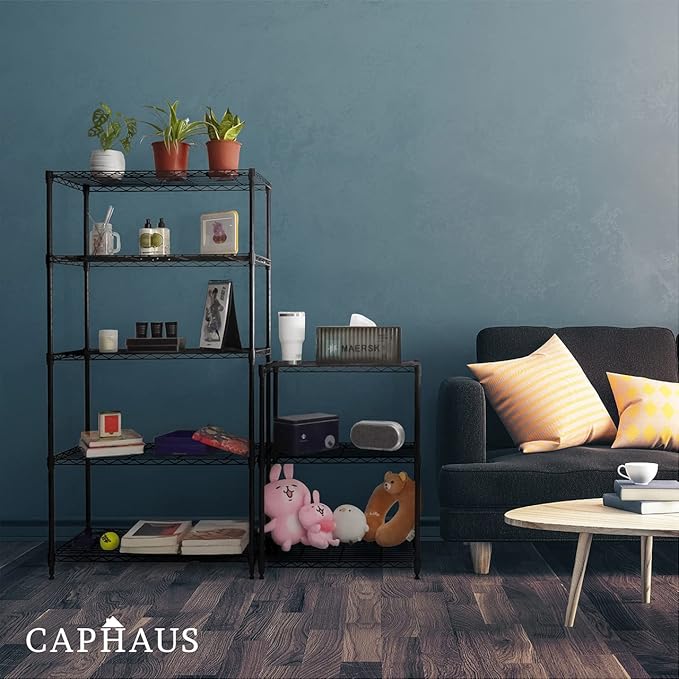 CAPHAUS 3/4/5-Tier Adjustable Height Wire Shelving Unit, Wire Rack Shelving, Metal Steel Storage Shelves, Garage Shelving Storage Organizer, Utility Storage Shelf, 5-Tier Without Wheels, Black