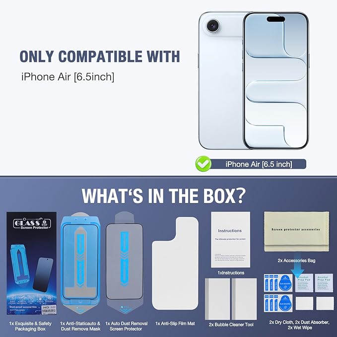 2-Pack Screen Protector for iPhone Air 6.5-inch, 9H Tempered Glass, High Definition Clear, Full Coverage, Anti-Fingerprint, Auto Dust-Elimination, No Bubble, Easy Installation