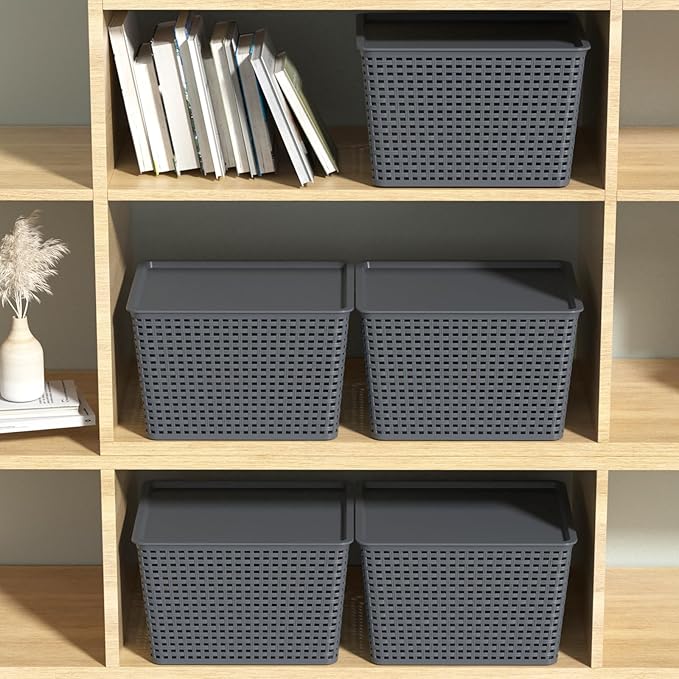 Anbers 6 Pack Plastic Weave Basket for Shelves, Stackable Storage Basket with Lid, Dark Grey