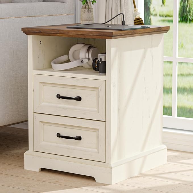 HOMMPA 18'' Farmhouse Nightstand with Charging Station, Bedside Tables with Storage, Bed Side End Table with Open Shelf, 2 Drawers Wood Night Stand Dresser for Bedroom, Living Room, Rustic White