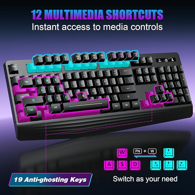 Wireless Gaming Keyboard, RGB & Single-Color Backlit, Full-Size Waterproof Computer Keyboard, Silent Keys, Wrist Rest, Sleep Mode, Rechargeable 2.4G Wireless Keyboardfor Windows, Mac, PC, Laptop