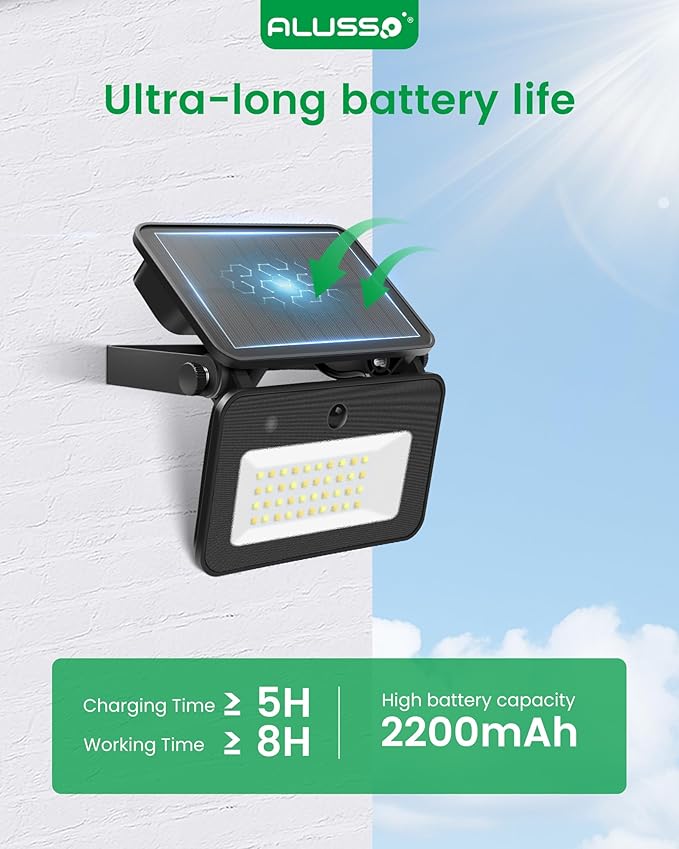 ALUSSO® Solar Security Lights Outdoor, 3CCT Solar Flood Lights with Remote Control Motion Sensor, 1000LM, Dimmable, 3 Modes, IP65 Waterproof, 2 Pack