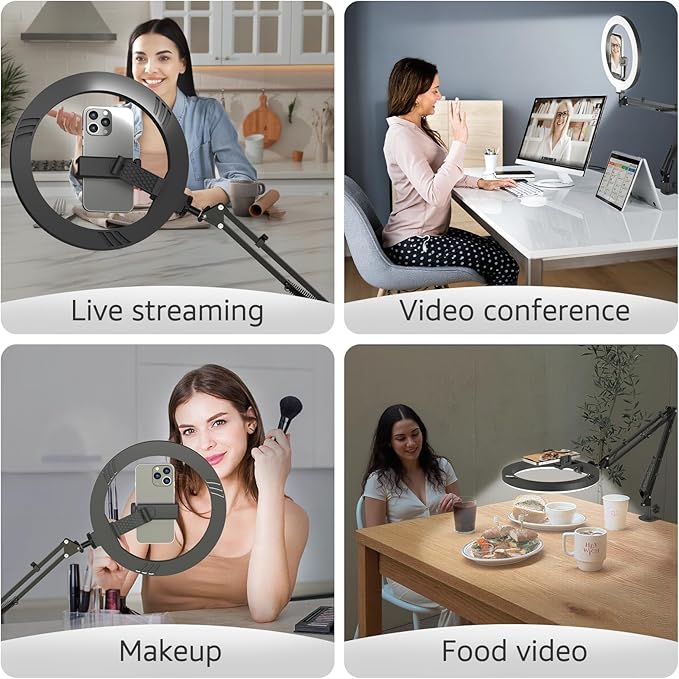 10" LED Ring Light with Overhead Phone Stand, CRI≥95 1200lm Dimmable Lighting, Adjustable Metal Arm with Remote & Phone Holder, for Streaming, Makeup, Zoom Calls, Photography