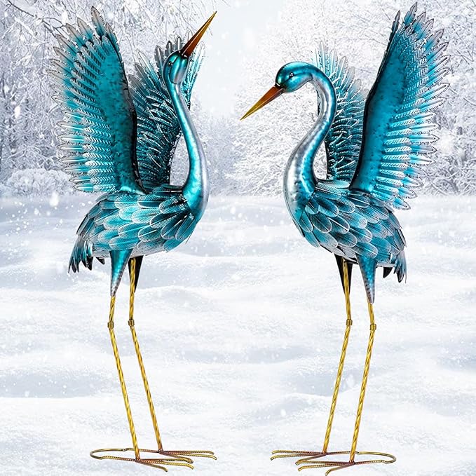 Natelf Garden Crane Statues for Outdoor, Blue Heron Decoy Courtyard Sculptures, Standing Metal Bird Yard Art for Patio Pond Backyard Decor(Set of 2)