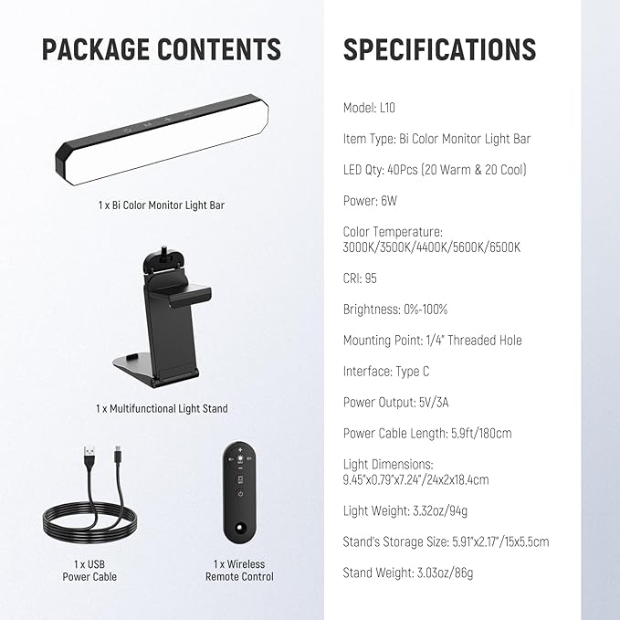 NEEWER Basics 6W Monitor Light Bar with Stand/Remote/Touch Control, Bi Color Dimmable LED Desk Lamp for Home Office Video Conference Lighting Computer Laptop Webcam Zoom Gaming Streaming Reading, L10