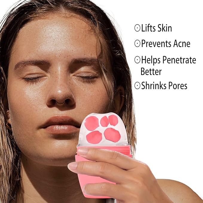 Ice Roller for Face, Silicone Ice Roller Facial Ice Mold to Brighten Skin Enhancing Natural Glow, Reusable Ice Roller for Face & Eye Puffiness Relief, Face Roller Skin Care for Neck, Pink