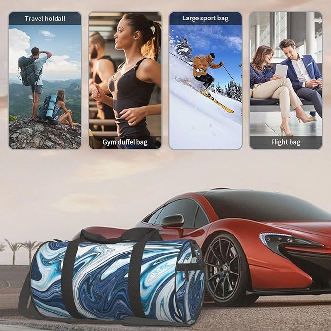 Blue And White Camo Cool Marble Abstract Fluid Liquid Foldable Duffle Bag For Women - Workout Bag For Gym Men - Boy Gym Bag - Girls Small Weekender Duffel Bag - Packable Luggage Bag For Travel Sports