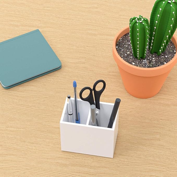 NIUBEE Acrylic Pen Holder 2 Compartments, White Pencil Organizer Cup for Countertop Desk Accessory Storage