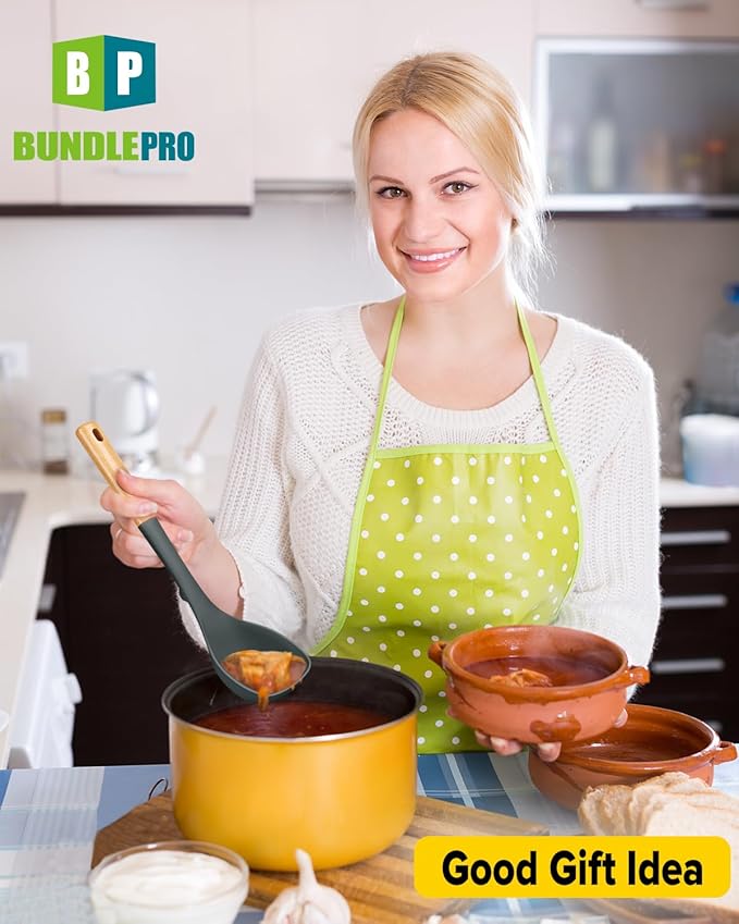 Silicone Soup Ladle and Spaghetti Spoon Set with Wooden Handle, Non Stick Heat Resistant Kitchen Utensils for Cooking, Stirring, Serving Pasta, Soup & Sauce(GRAY)