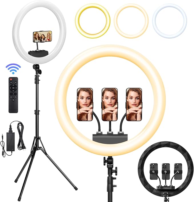 Ring Light with Stand, 19in LED Selfie Circle Light, Max 8ft/2.5m Tripod Stand, 3 Holders for iPhone, Remote Control, 6300K Color Temperature for Live Streaming, Barber, Makeup, YouTube, Tiktok